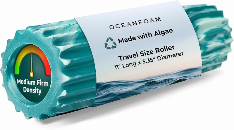 Oceanfoam Ripple Travel Foam Roller (11" x 3.35") Firm Mini Foam Roller for Physical Therapy, Deep Tissue Massage, Back Pain - High Density, Wave Textured - Yoga, Exercise (Jade & Seafoam Marbled) - Image 1